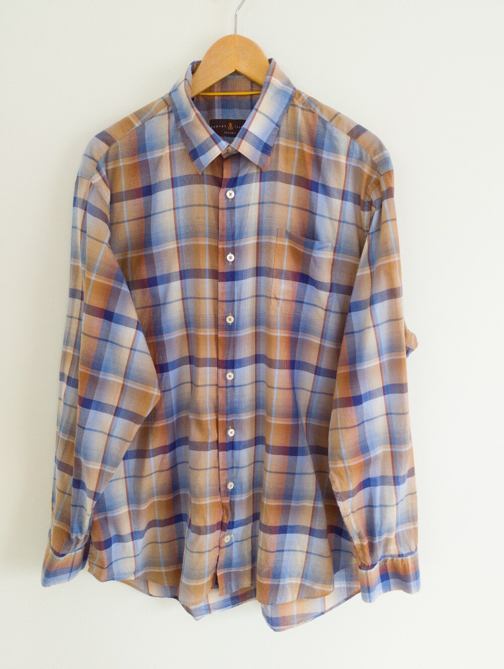Robert Talbott Classic Mens XL Blue Brown Plaid Long Sleeve Button Down Shirt